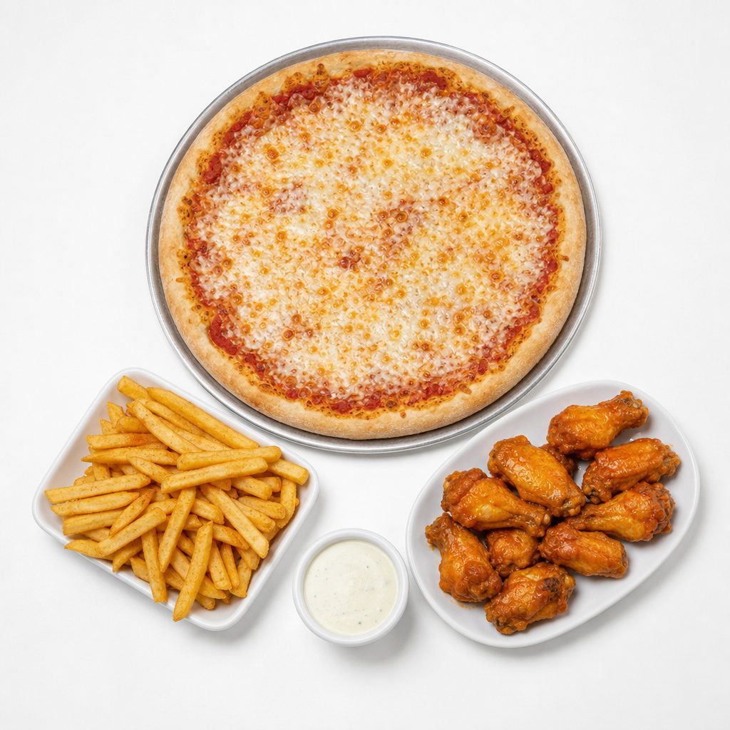 One Large Cheese Pizza, 10 Wings & Side Fries Special.