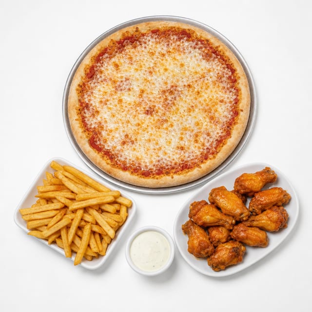 One Large Cheese Pizza, 10 Wings & Side Fries Special.